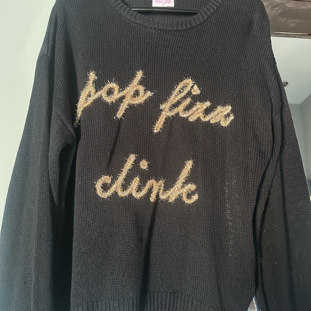Pink Lily Black Sweater with Gold Text